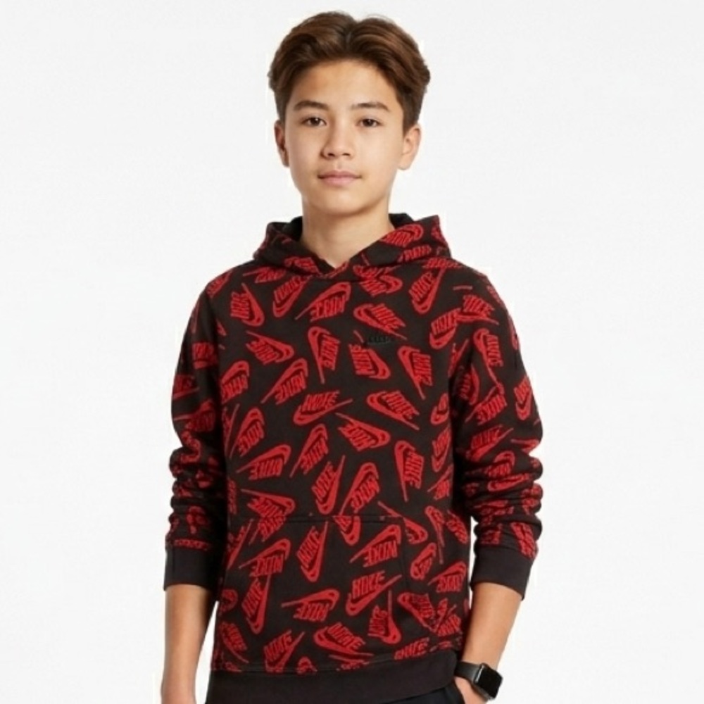 Nike Black Pullover Hoodie Sweatshirt Red Graphic Logo Pattern Youth Boy XL